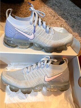 Nike Women's VaporMax Flyknit Sneakers - Light Blue with Pale Pink Swoosh